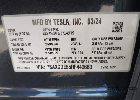 2024 Tesla Model X from USA, damaged, VIN 7SAXCDE55RF443683